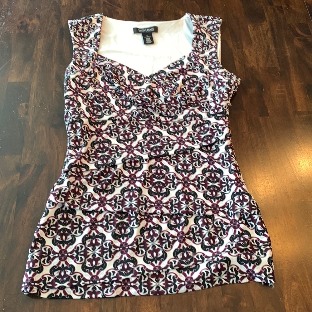 EUC White House Black Market purple, black, and cream sleeveless top, like new